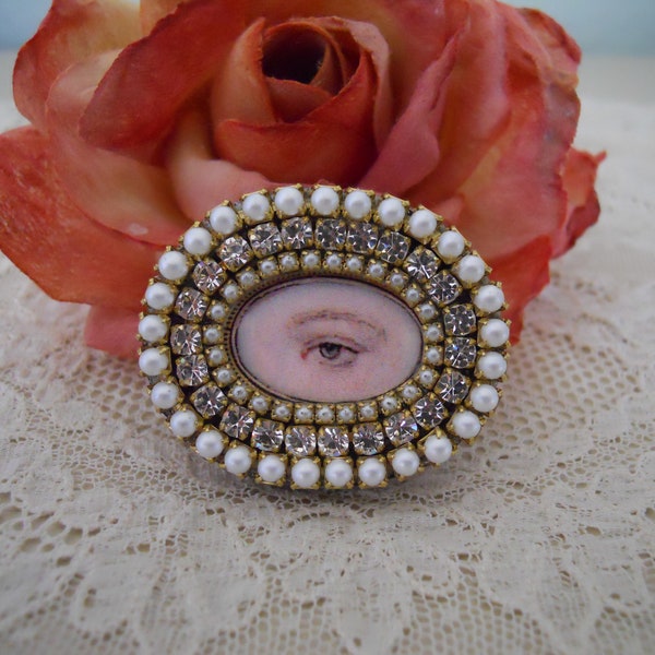 Lover's Eye Brooch Pin Georgian Antique Inspired Hand Embellished Lady's Eye Faux Pearls Rhinestones Victorian Love Token