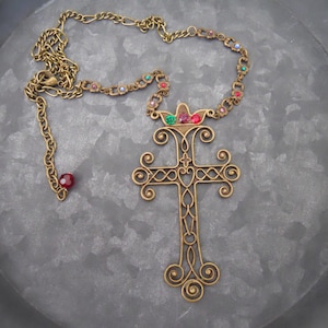 Large Ornate Filigree Cross Necklace Colored Jewels Antique Brass Jeweled Chain Links Medieval Renn Faire Statement Piece Adjustable