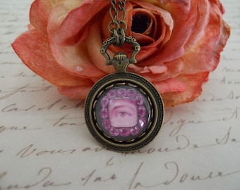 Lover's Eye Necklace Pendant Antique Inspired Pocket Watch Case Antiqued Bronze Image Under Glass Love Token Victorian Gift for Her