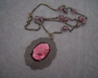 Pendant Necklace  Vintage Purple Glass Cabochon Antique Purple Glass Rosary Beads Antique Look Victorian Medieval