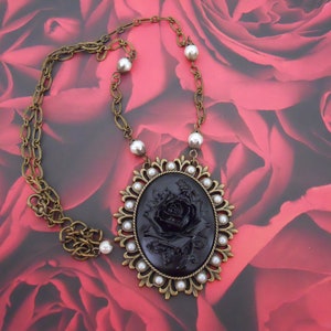 Large Black on Black Rose Cameo Victorian Inspired Necklace Mourning Jewelry Faux Pearls Handmade Statement Necklace