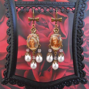 Regency Style Earrings Vintage Ladies Porcelain Cameos Faux Pearl Drops Tiny Clear Antique Beads Antiqued Brass