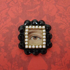 Lover's Eye Brooch Pin Georgian Antique Inspired Hand Embellished Black Rhinestones Pearls Mourning Memento Mori Victorian Love Token