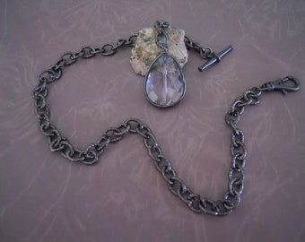 Pocket Watch Chain Handmade Textured Gunmetal Chain Clear Crystal Fob Charm Gift for Him Men's Accessories Steampunk Gothic