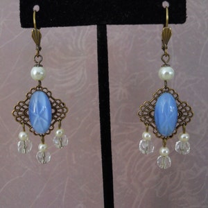 Vintage Blue Glass Star Sapphire Earrings Faux Pearls Crystals Antique Brass Filigree Edwardian Victorian Dangle Earrings