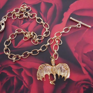 Handmade Gold Plate Pocket Watch Chain and Gothic Flying Bat Skull Creature Fob Gift for Him Men&#39;s Accessory Groom&#39;s Gift