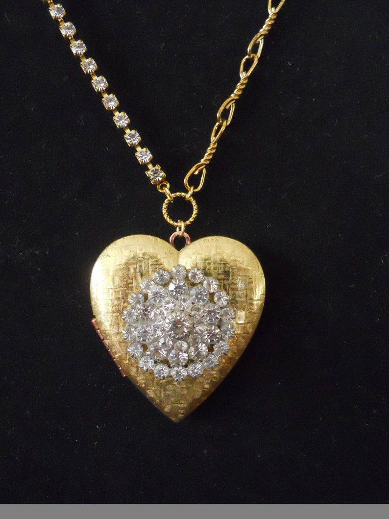 Vintage Assemblage Large Heart Locket Necklace Rhinestones - Etsy