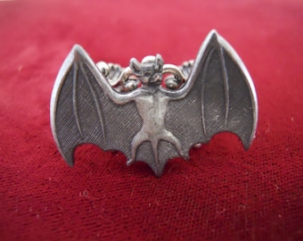 Matte Black Silver Bat Ring Detailed Textured Metal Filigree Adjustable Band Gothic Halloween Vampire Steampunk