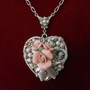 Valentines Victorian Heart Necklace Antique Silver Collage Pink Ceramic Roses Flowers Cameo Pearls Leaves Dimensional