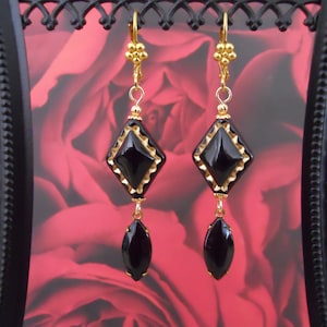 Elegant Art Deco Style Black and Gold Dangle Earrings Vintage Glass Brass Drops Gift for Her