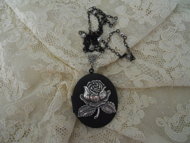 Large Black Locket Necklace Amazing Silver Rose Handmade Fancy Black Chain Rose Beads Victorian Mourning Memento Mori Romantic