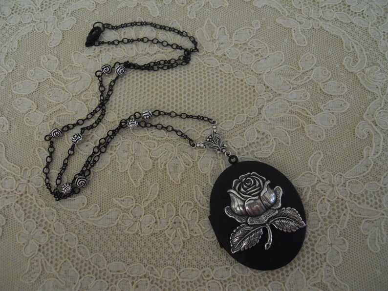 Large Black Locket Necklace Amazing Silver Rose Handmade Fancy Black Chain Rose Beads Victorian Mourning Memento Mori Romantic