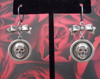 Antiqued Silver Plate Skull and Bows Dangle Earrings Memento Mori Gothic Steampunk Halloween Spooky Macabre