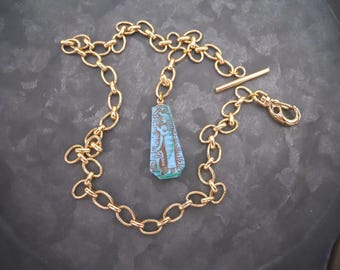 Art Deco Inspired Pocket Watch Chain Gold Plate Antique Egyptian Turquoise Glass Fob