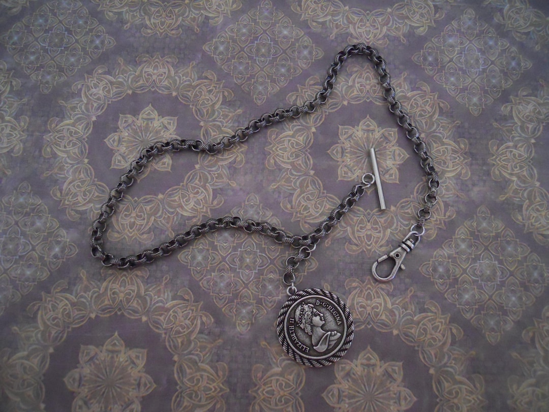 Antique Silver Pocket Watch Chain Reproduction English Coin Textured ...