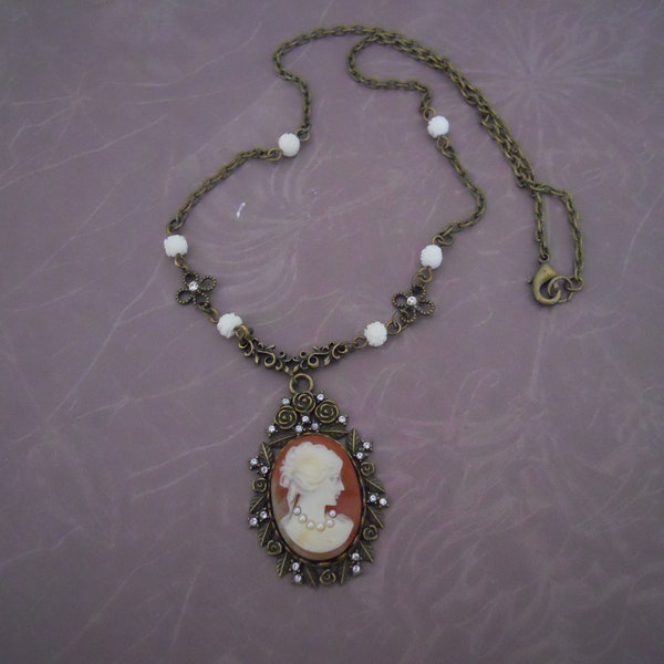 Cameo Necklace Beautiful Vintage Resin Cameo with Pearls Tiny Rhinestones Small Carved Bone Rose Beads Victorian Inspired Handmade