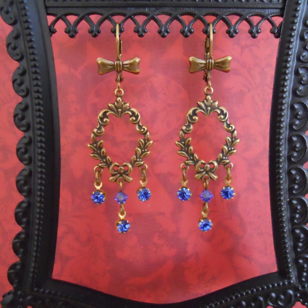 Antique Inspired Earrings Antiqued Brass Leaves Bows Vintage Blue Rhinestone Drops Georgian Victorian Chandelier Earrings