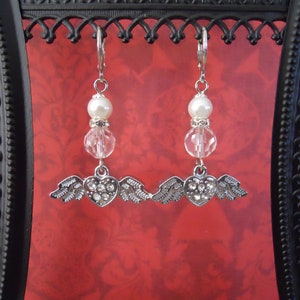 Winged Hearts Dangle Earrings Crystals and Pearls Clear Rhinestones Silver Tone Angel Wings Love Gift for Her