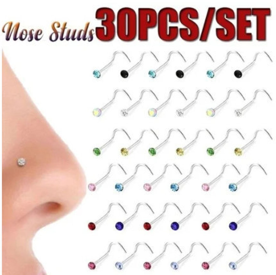 30pcs/lot Nose Ring Set Women Girl Colorful Crystal Stainless Etsy