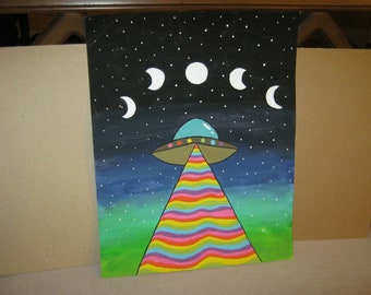 Hand Painted Acrylic Painting - Rainbow UFO