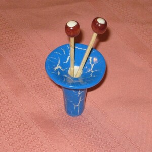 Miniature blue and white crackle vase with wooden ball sticks