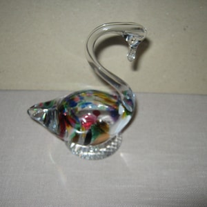 Vintage Multicolored Crystal Glass Swan With Base