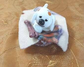 Miniature White Spotted Puppy With Dog Bed, Blanket, and Dog Bone