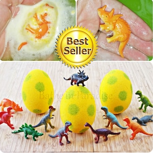 ¡Opción de 3 juguetes! Bomba de baño con forma de huevo de dinosaurio (1) / Dinosaurio en el interior / Sorpresa infantil efervescente