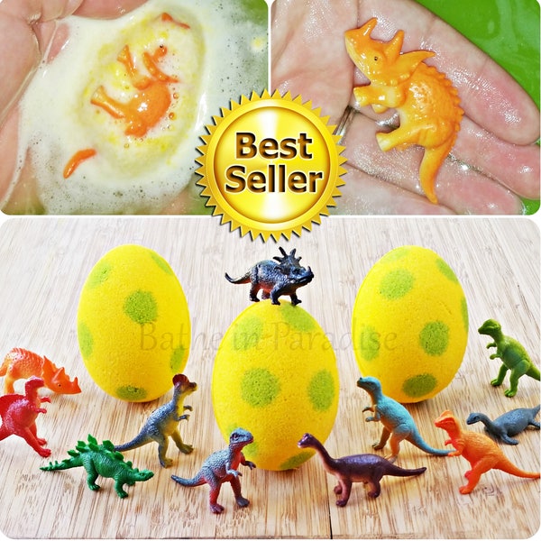 ¡Opción de 3 juguetes! Bomba de baño con forma de huevo de dinosaurio (1) / Dinosaurio en el interior / Sorpresa infantil efervescente