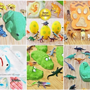 May include: A collage of bath bombs in various shapes, including a green frog, a paw print, and a shark. The bath bombs are surrounded by small plastic toy animals and dinosaurs. The text "Best Seller" is visible in one image.