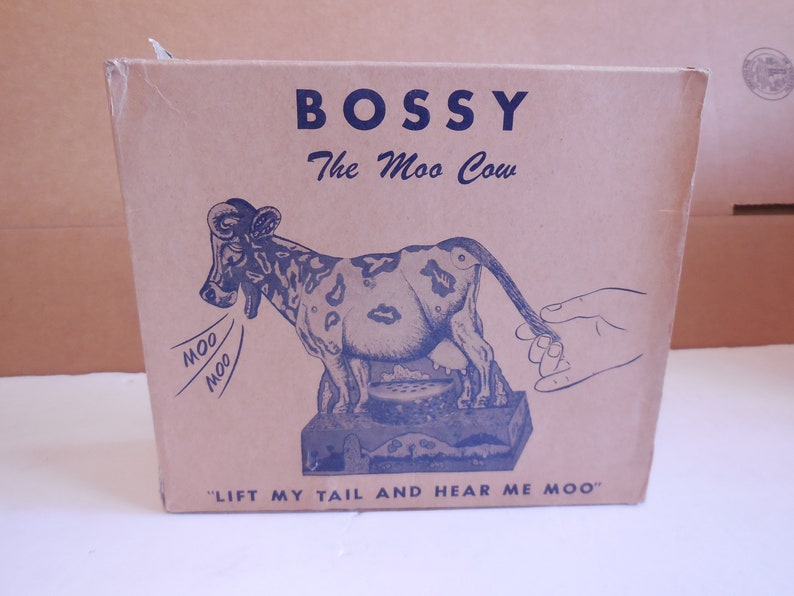1960s Bossy the Moo Cow Original Box | Vintage Tin Litho Toy