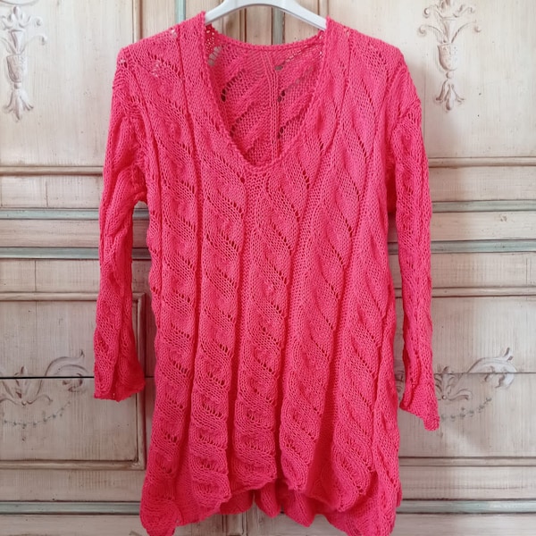 cotton knitted sweater, women's tricot sweater, summer sweater, summer sweater, handmade, coral pink, tricot pull, braided pull