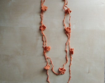 crochet flower necklace, boho necklaces, textile jewel, summer necklaces, long necklace, orange necklace, cotton necklaces, linen necklaces, gift for her