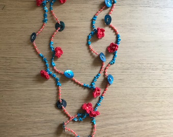 Crochet necklace, crochet flower necklace, button necklace, long necklace, multi-strand necklaces, knotted necklaces, boho necklaces, lariat