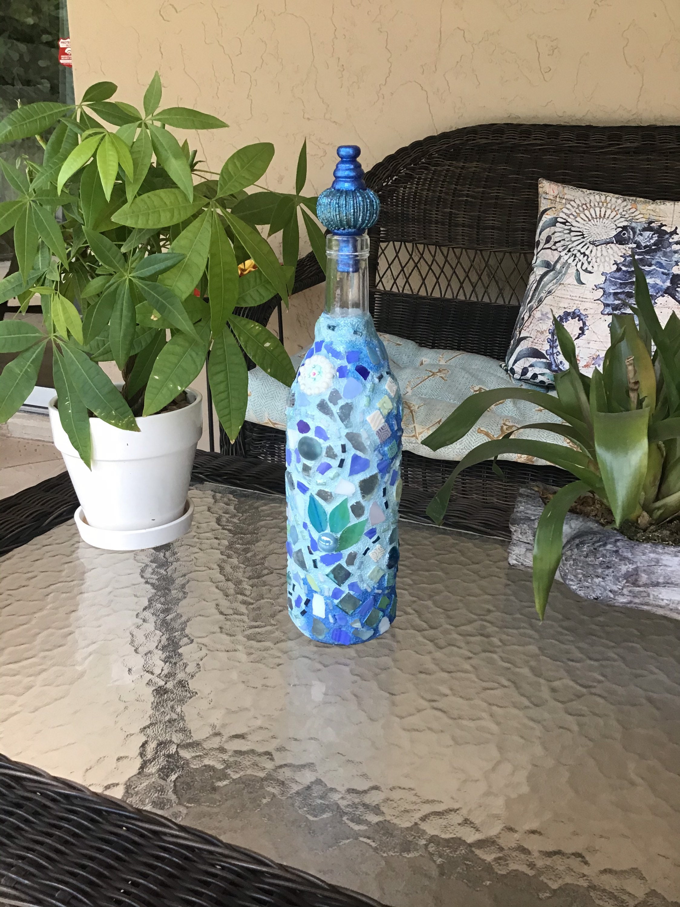 Mosaic glass bottles, repurposed glass bottles, mosaic decor, home