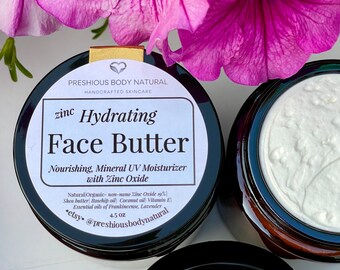 Zinc Sunscreen Hydrating Face Butter | Moisturizer With non-nano Zinc Oxide | Mineral Moisturizer | Glass Jar 4.5 oz | Natural UV Skincare