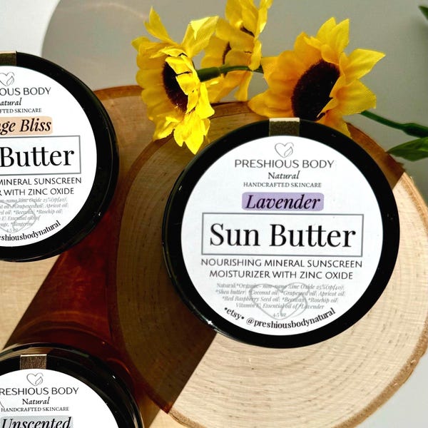 Sun Butter Mineral Moisturizer, Natural Organic Zinc Oxide Body Butter, Choose Scent