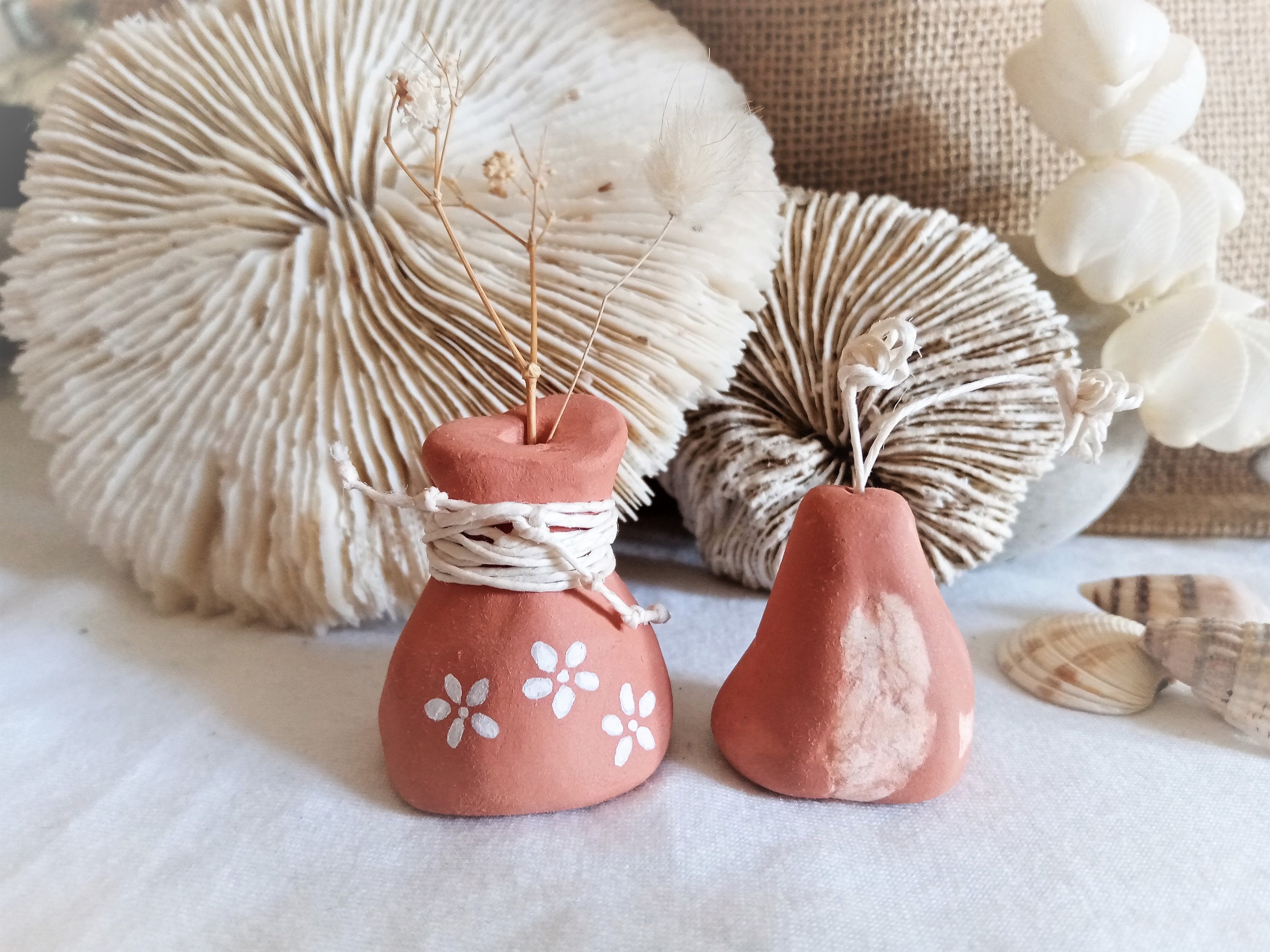 Sculpture Argile, 2 Mini Vases, Décoration Bohème, Ensemble Décoratif Vases Fleurs Séchées, Bord de 