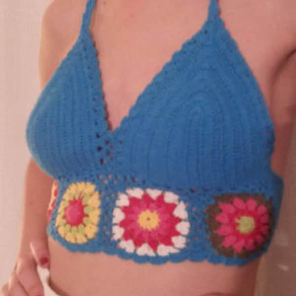 Bustier dos nus,crochet fait main,couleur bleu,débardeur femme,débardeur fille,cadeau femme,cadeau fille,vêtements femme,vêtements fille