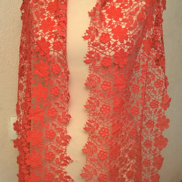 Étole de mariage,en dentelle de couleur corail,écharpe femme,écharpe fille,cadeau femme,cadeau fille,accessoires femme,accessoires fille