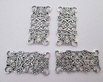 4 connecteur rectangle baroque 31 x 16 mm en métal argenté