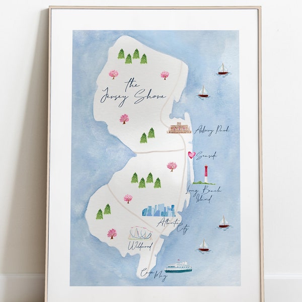 Jersey Shore Map, Love Seaside, New Jersey map, Watercolor painting, Digital Downloadable Wall Art, Shore Decor, Printable Wall Art,