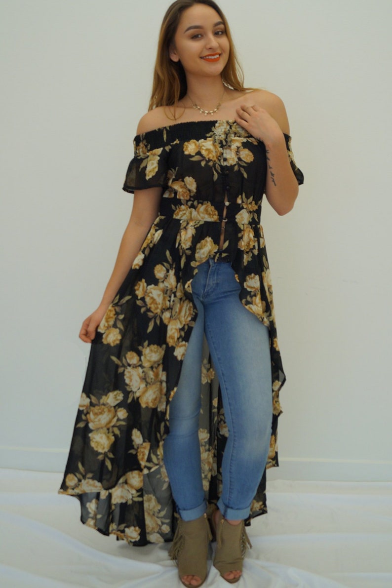 LIVE4TRUTH Off the Shoulder Short Sleeve Black Floral Duster Cardigan