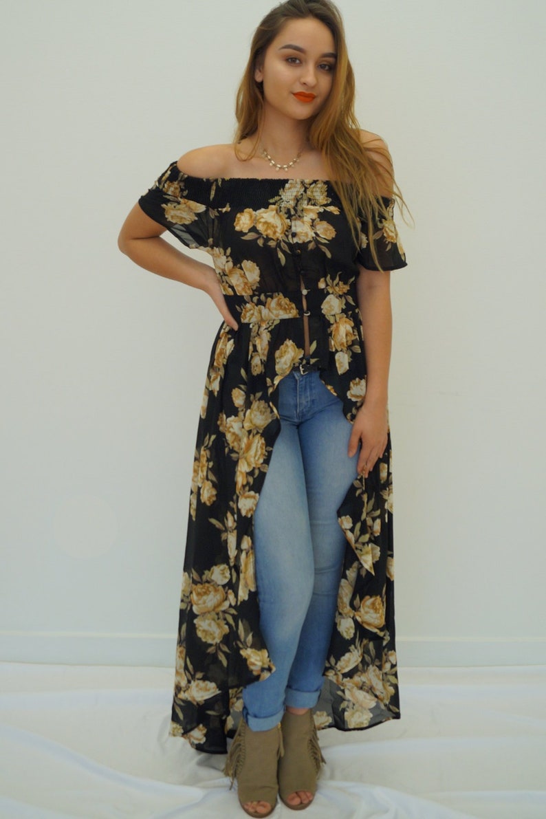 LIVE4TRUTH Off the Shoulder Short Sleeve Black Floral Duster Cardigan