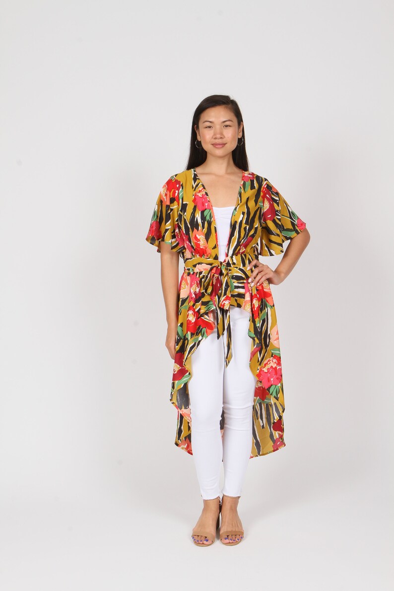 LIVE4TRUTH Mustard Striped Floral Tie-Front Duster Cardigan