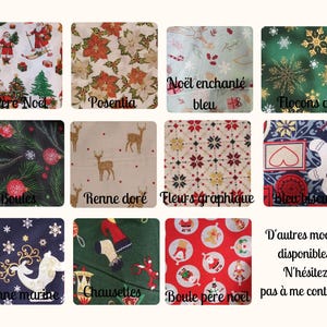 K&ouml;nnte beinhalten: Eine Collage aus 10 verschiedenen Weihnachtsstoffdesigns. Die Designs beinhalten Schneeflocken, Rentiere, Ornamente, Weihnachtssterne und den Weihnachtsmann. Der Text "No&euml;l enchant&eacute; bleu" ist in der oberen rechten Ecke sichtbar.