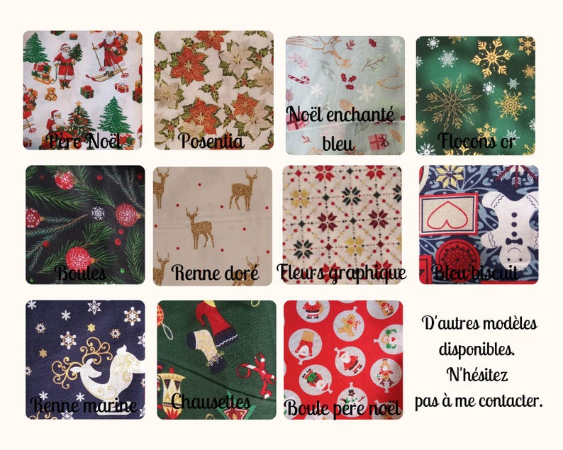 K&ouml;nnte beinhalten: Eine Collage aus 10 verschiedenen Weihnachtsstoffdesigns. Die Designs beinhalten Schneeflocken, Rentiere, Ornamente, Weihnachtssterne und den Weihnachtsmann. Der Text "No&euml;l enchant&eacute; bleu" ist in der oberen rechten Ecke sichtbar.