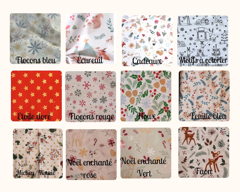 K&ouml;nnte beinhalten: Eine Sammlung von 12 verschiedenen Weihnachtsstoffdrucken mit verschiedenen Designs, darunter Schneeflocken, Sterne, Rentiere, Stechpalmen und mehr. Die Stoffe sind alle wei&szlig; mit bunten Mustern.