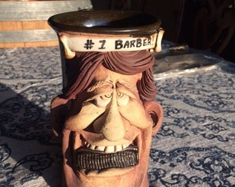HUGE Hand Painted “3D” Sculpted FACE MUG: #1 Barber by Mug Signed Jac 05 on bottom 7.5 inches tall perfect for holding combs at your station