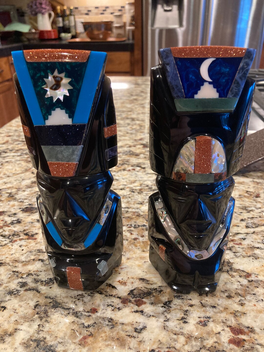 Two Hand Carved Onyx Mayan Aztec Statues With Inlaid Stones Etsy